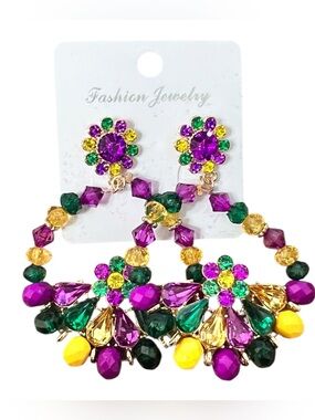 Mardi Gras Inspired Crystal Hoop Statement Earrings - Purple/Green/Yellow